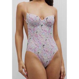 Oceanus Swimwear Pink Silver Glitter Playing Card Underwire L One Piece Swimsuit